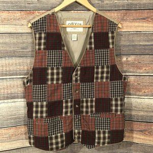 Orvis Mens Size Large Plaid Patchwork V Neck Button Down Vest